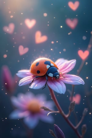 A cute colorful bright ladybug sleeping on a night flower, glowing hearts flowing like a breath into the air, translucent, cute, glowing, rim lit, fairy light bokeh background, vibrant, 8k resolution