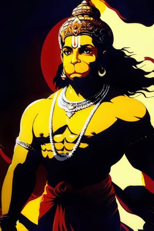 hanumanji art,Create a minimalist yet captivating vector art representation of Hanumanji, the revered Hindu deity known for his strength, devotion, and loyalty. The artwork should be rendered in a flat, two-color style, embracing the simplicity and elegance of minimalism. Hanumanji should be depicted in a powerful yet serene pose, radiating an aura of divine grace. His iconic features, including the prominent eyes and muscular physique, should be subtly conveyed through clean lines and precise shapes. The composition should convey a sense of tranquility and reverence, capturing the essence of Hanumanji's spiritual significance. Embrace the principles of simplicity and restraint, allowing the essence of the deity to shine through in this minimalist masterpiece.