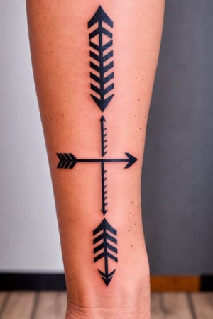 Wrist Tattoo, Tattoo Design, a black and white tattoo with an arrow and a tiger's eye on the side of a woman's leg