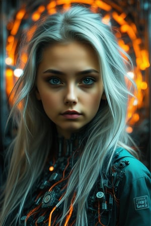 In a dimly lit laboratory or underground art studio, a close-up shot captures a grey-haired girl's face amidst vibrant, disheveled hair, intricately modified mechanical components, and complex networks of circuitry and vascular elements. Her eyes gleam with curiosity and defiance as she contemplates the fusion of humanity and technology within herself.