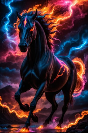 A visually striking dark fantasy portrait of a majestic horse galloping through a stormy, fiery landscape. The horse's glossy black coat is a stark contrast to its vivid, flame-like mane and tail, which seems to be made of real fire. Its glowing, fiery hooves leave a trail of embers behind, while its intense, glistening eyes reflect a fierce, unbridled energy. The background features a haunting, stormy red sky filled with ominous lightning, adding to the overall sense of mystique and intrigue. This captivating image blends the mediums of photo, painting, and portrait photography to create a unique, conceptual art piece.

