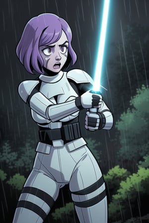 woman,survive,forest,tense,purple style,White style,woman fight ,film scene,rain,comic,sith,star wars,lightsaber red