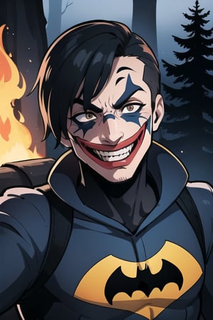 soldier,forest,fire,darkness,batman,2 male,joker smile