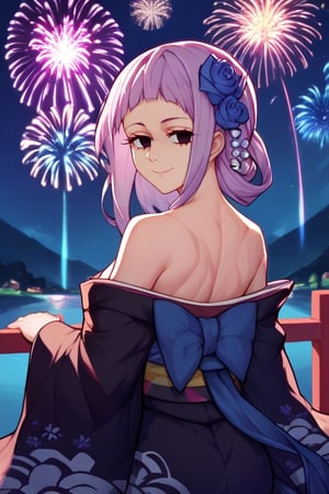 score_9,score_8_up,score_7_up,1girl,jelomelascula,solo,outdoors,night,fireworks,pink hair,black eyes,no pupils,kimono,off shoulder,obi,hair flower,blue rose,looking back,smile