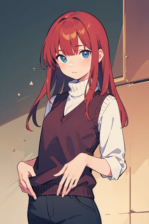 ((masterpiece,  best quality)),  1girl, red_hair, blue_eyes, turtle_neck, sweater_vest, short_pants, long_hair, 