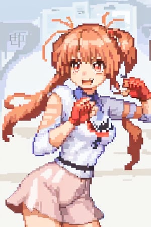 A girl alone, pixel art style, in a fighting position, looking to the right, with her body looking straight ahead