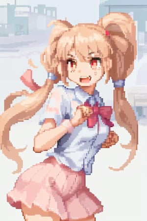 A girl alone, pixel art style, in a fighting position, looking to the right, with her body looking straight ahead