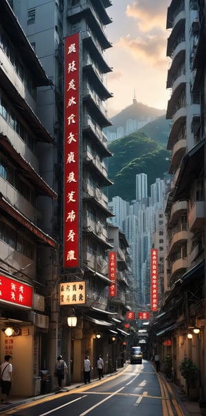 Create an image of a serene urban crossroads in the heart of Hong Kong, where tradition and modernity intersect. High-rise residential buildings with diverse architectural styles frame the scene, with a hill in the distance emphasizing verticality. A prominent bilingual signpost dominates the foreground, featuring directional signs to notable destinations like 'Hong Kong Day', 'Racing your lottery', and 'Fire Dragon Path'. The typography is clear and legible. Soft golden light envelops the surroundings, suggesting dawn or dusk, with gentle shadows adding depth. In the distance, the 'MTR station' sign blends seamlessly into the scene, symbolizing Hong Kong's cultural fusion of ancient traditions and contemporary life.