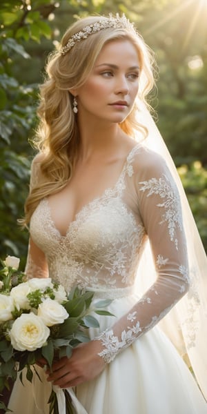 A majestic, golden-haired bride stands tall in a lush, verdant setting, her regal presence illuminated by warm sunlight and soft, ethereal mist. Framed by a stunning floral wreath, she wears a flowing white gown with intricate lace details, its delicate folds rustling gently as she poses confidently, her hands clasped together in a symbol of eternal devotion. her face is very detail, 17 y.o sweden girl