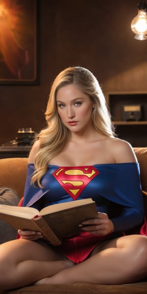 In the warm glow of vintage studio lighting, Supergirl AJ Applegate sits effortlessly on a plush sofa, her iconic cape draped elegantly around her. Her focus is riveted on the book in her hands, fingers gently turning the pages as she becomes one with the story. The soft hum of a sleek vaporizer provides a soothing background melody, while the vinyl record spins lazily nearby. The EOS 5D Canon Mark IV captures every detail, from the delicate movement of AJ's fingers to the gentle curve of her lips as she reads.