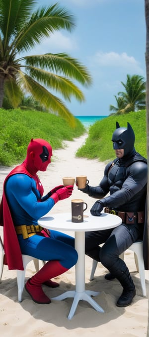Superman, Joker, Doctor Strange, Deadpool, Batman, and Iron Man convene on a tropical beach. They share coffee, their camaraderie defying their disparate backgrounds. The EOS D5 Canon Mark IV immortalizes this unlikely encounter, capturing the warmth of their interaction amidst the eclectic ambiance.