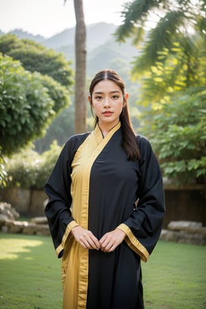  Create an image of a figure standing amidst a serene forest setting, their face obscured by a pixelated block. The central figure wears traditional East Asian monastic attire: a flowing black robe with wide sleeves layered over an orange garment. In their hands, they clutch a large, shallow ceramic or stoneware bowl at waist level, its patina hinting at age or frequent use. The forest environment is dense and lush, evoking spring or summer, with no other figures or animals in sight. Capture this scene using a contemplative aperture like f/2.8 or f/4 to blur the background, soft lighting during the golden hour casting gentle shadows on the forest floor.