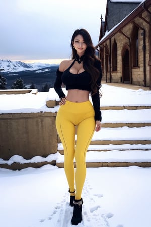 RAW photo, masterpiece, best quality, absurdres, 8K, super fine, best_lighting, (gothic_castle, hilltop, snow on the ground:1.3), (wonderland:1.2), fantasy_world, 
BREAK
28 years old woman, (sexy pose showing hips, standing:1.5), (mature:1.3), beautiful woman,
BREAK
elegant_prostitute, (seductive smile:1.2), (drill hair, long_wavy_hair:1.2), huge breasts, cleverage
BREAK
(yellow_leggings:1.3), (cropped sweater of black:1.3), (furry ornaments, luxury style:1.2), (furry_cuffs, furry_anklet:1.5), asian girl, 1girl, eungirl