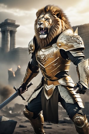 An anthropomorphic lion warrior in a roaring pose, adorned with golden chest armor and face armor, standing amidst a war-torn battlefield. He wields a sword in hand, exuding power and ferocity. The scene is captured with a wide-angle lens, showcasing the high-detailed, high-resolution war theme. The background is filled with chaotic battle elements, enhancing the cinematic and scary atmosphere.