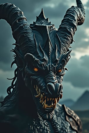 "Produce a dramatic close-up of Tengri Kha, the storm harbinger demon from Mongolia. Emphasize her sharp, angular cheekbones and dragon-like scaled skin. Highlight her glowing, feral eyes and jagged, oversized teeth. Show the ominous horns curving around her forehead, giving her an imposing presence. The background should reflect a stormy sky with dark clouds, suggesting her power over nature and the chaos she embodies."