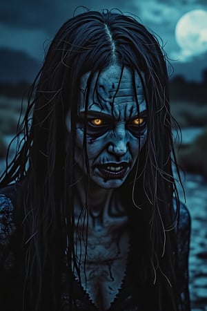 "Create an emotional close-up portrait of La Llorona, the Weeping Woman from Mexican folklore. Focus on her haunting face, twisted in sorrow, with hollow, glowing eyes. Capture the damp, corpse-like skin with faint blue veins. Her disheveled, long hair should flow around her face, as if stirred by an unseen wind. The background should depict a dark, moonlit riverbank filled with shadows, enhancing the sense of mystery and tragedy."