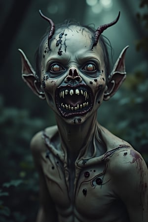 Generate a chilling close-up image of the Drekavac, the unbaptized child demon from Serbian folklore. Highlight its grotesque features, including a pale, sickly complexion with ghastly sores and disjointed facial elements. Focus on the hollow, haunting eyes and the slashed mouth that stretches unnaturally wide. The elongated, bat-like ears should be prominent. Set the background with a dark, oppressive atmosphere, hinting at the night filled with unsettling dread."