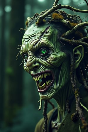 Create a close-up portrait of Baba Yaga, the ancient Slavic witch-demon. Focus on her gaunt, elongated face with deep, sunken cheeks and glowing emerald green eyes. Her wild, tangled hair resembles twisted branches and moss. Highlight her crooked, beak-like nose and sharp, yellowed teeth in a grotesque grin. The background should be a dark, eerie forest, with ethereal mist swirling around, emphasizing the otherworldly nature of this terrifying creature.