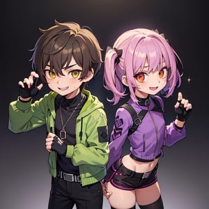 1boy, 1girl, boy and girl, dual persona, left_right, split, (girl1, right side, sfw, perfect cute face, evil smile, small nose, red cute eyes, dark purple low twin-tail hair, medium chest, medium sized thighs, teenage, purple jacket, black shorts, fingerless gloves, green aura), (boy1, life side, sfw, perfect cute face, light smile, small nose, yellow cute eyes, short dark brown hair, teenage, green jacket, black pants, fingerless gloves, purple), best quality, 8k, 8k wallpaper, best background, best anatomy, best lighting, best shading, drawn by professional artist, detailed eyes, sparkling eyes, detailed hair, same height, detailed body, group shot, cowboy shot, front view, dark atmosphere, ruins, electric-aura, "Read Description!", 