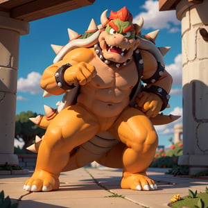 Bowser, yellow skin, spiked collar, spiked bracelets, looking at viewer, angry, full body, 
standing, outside a beautiful park, changing season, summer to fall, blue sky, extreme detail, hdr, fantasy quality, 
 ,Bowser (Mario Series)