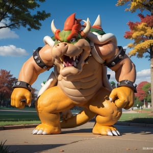 Bowser, yellow skin, spiked collar, spiked bracelets, looking at viewer, angry, full body, 
standing, outside a beautiful park, changing season, summer to fall, blue sky, extreme detail, hdr, fantasy quality, 
 