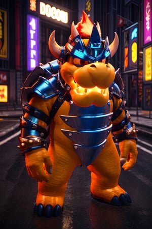 Bowser Knight, neon lights on armor, buffalo-shaped helmet, detailed, natural shading, rendered with unreal Engine 5,in the style of SM,