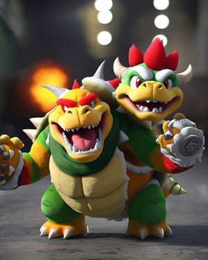 photo portrait of Bowser and Bowser Jr. Laugh in real life, real