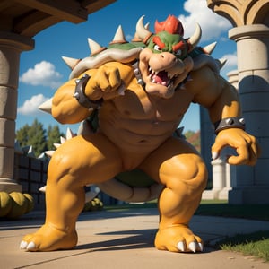 Bowser, yellow skin, spiked collar, spiked bracelets, looking at viewer, angry, full body, 
standing, outside a beautiful park, changing season, summer to fall, blue sky, extreme detail, hdr, fantasy quality, 
 ,Bowser (Mario Series)