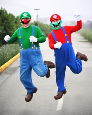 photo portrait of Mario and Luigi Jump in real life, real