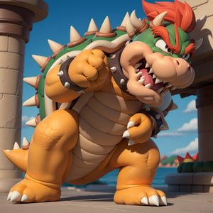 Bowser, yellow skin, spiked collar, spiked bracelets, looking at viewer, angry, full body, 
standing, outside a beautiful park, changing season, summer to fall, blue sky, extreme detail, hdr, fantasy quality, 
 ,Bowser (Mario Series)