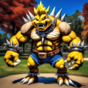 Bowser, yellow skin, spiked collar, spiked bracelets, looking at viewer, angry, full body, 
standing, outside a beautiful park, changing season, summer to fall, blue sky, extreme detail, hdr, fantasy quality, 
 