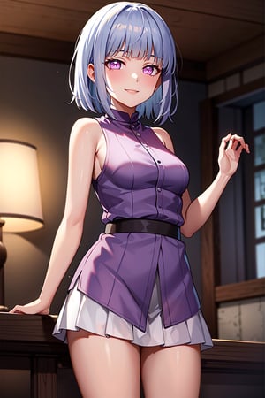 Masterpiece, 1 girl, ((short white hair)), pink eyes, wearing a sleeveless kimono, confident smile,hinata, loli