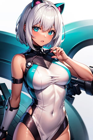 Masterpiece,1 girl, young short white hair, teal eyes, mecha_musume, bob_cut, ((brown skin))