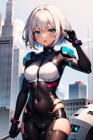 Masterpiece,1 girl, young short white hair, teal eyes, mecha_musume, bob_cut, ((brown skin))