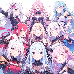 8+ girls, multiple colored hairs, fantasy clothes, pc game heroines, game op, anime op, opening title, title call, super disgust glaring, smug, open mouth, slant eyes, group shot, zoom camera, negative posing, from below
