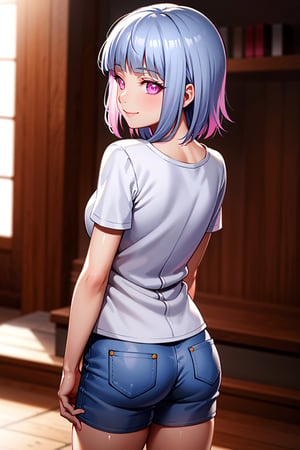 Masterpiece, Masterpiece, 1 girl, ((short white hair)), pink eyes, wearing casual clothes, confident smile, hinata, loli, back view, innocent smile,hinata