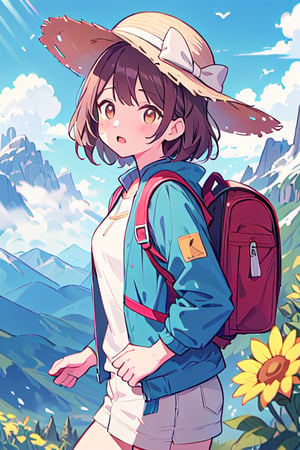 extremely detailed CG, 4K, ultra-detailed, beautiful detailed face and eyes,detailed face skin, cinematic lighting, (perfect anatomy:1.3),cute illustration,cute illustration, high-res, ultra-detailed, beautiful detailed eyes,1girl,solo, small breasts,brown eyes, blush, bow, brown medium hair, mountaineering hat,climbing clothes,windbreaker, carrying a backpack,alpine flowers, trail, mountain, cloud, blue sky,perfect lighting,