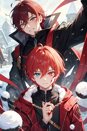 Masterpiece, high_resolution, 1boy, red_hair, short_hair, young_human, red_eyes, amber_eyes, heterochromia, winter, storm, russian clothes, upper_body, evil_smile, blood, horror