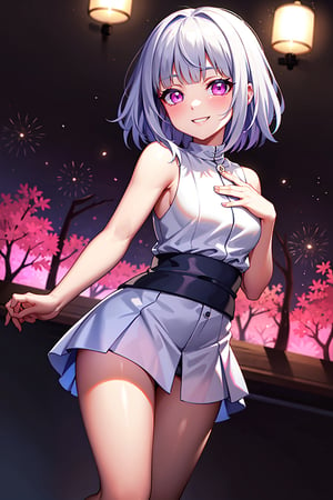 Masterpiece, 1 girl, ((short white hair)), pink eyes, wearing a sleeveless kimono, confident smile,hinata, loli