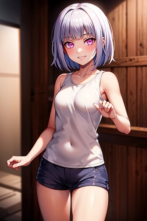 Masterpiece, Masterpiece, 1 girl, ((short white hair)), pink eyes, wearing short shorts, short sleeveless t-shirt, confident smile, hinata, loli, innocent smile, hinata, tiny_breasts