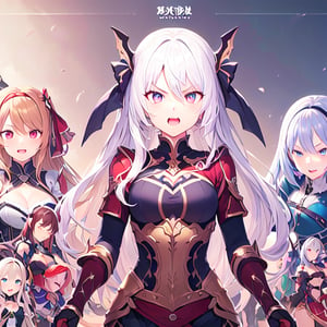 8+ girls, multiple colored hairs, fantasy clothes, pc game heroines, game op, anime op, opening title, title call, super disgust glaring, smug, open mouth, slant eyes, group shot, zoom camera, negative posing, from below
