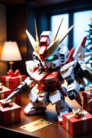 (A nostalgic and immersive scene of a well-lit room, with a wooden table taking center stage and xmas tree). (((Gundam with a combination of other Gundam parts:1.4))),(Has varied and cool color combinations:1.4),((bandai gunpla toy:1.4)),((Installed with the completed equipment:1.4)),( are cool posed on the table, radiating an aura of coolness and excitement). (Their plastic surfaces catch the warm light, casting a glow around the room). (In the foreground, several freshly opened Xmas gift boxes and their corresponding gift tags lie scattered on the table, hinting at recent gift-giving or a special occasion). (Miniature Gundam toys are seen peeking out from these gift boxes, adding a playful touch to the image). (The background is adorned with various posters and collectibles, showcasing the enduring popularity of the Gundam franchise). (The walls are profesional painted a deep color, complementing the overall theme of the room and creating a cozy atmosphere for the viewer). (The air of nostalgia is palpable as the viewer takes in the array of Gundam toys and their packaging, evoking fond memories of childhood or a desire to relive the experience).(bandai official:1.4), (((intricate details:1.4))), (((high Gundam details:1.4))), (soft focus, depth of field,8k photo, HDR, professional lighting, taken with Canon EOS R5,),chibi gundam