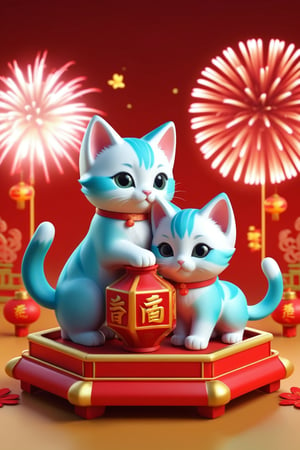 (3D isometric render of cute) ( Chinese kittens, lunar New year celebration, fireworks), (3D app icon, clean isometric design, beautiful design, soft gradient background, soft colors, centered, 3D blender render, masterpiece, best quality, high resolution, 8k octane render, beautiful color scheme, soft smooth lighting, physically based rendering, square image, aesthetics :1.4, intricate details:1.4, high polycount, natural beauty)