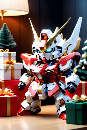 (A nostalgic and immersive scene of a well-lit room, with a wooden table taking center stage and xmas tree). (((RX 0 Unicorn Gundam 03 Phenex:1.4))),((bandai gunpla toy:1.4)),(golden colors),((Installed with the equipment:1.4)),( are cool posed on the table, radiating an aura of coolness and excitement). (Their plastic surfaces catch the warm light, casting a glow around the room). (In the foreground, several freshly opened Xmas gift boxes and their corresponding gift tags lie scattered on the table, hinting at recent gift-giving or a special occasion). (Miniature Gundam toys are seen peeking out from these gift boxes, adding a playful touch to the image). (The background is adorned with various posters and collectibles, showcasing the enduring popularity of the Gundam franchise). (The walls are profesional painted a deep color, complementing the overall theme of the room and creating a cozy atmosphere for the viewer). (The air of nostalgia is palpable as the viewer takes in the array of Gundam toys and their packaging, evoking fond memories of childhood or a desire to relive the experience).(bandai official:1.4), (((intricate details:1.4))), (((high Gundam details:1.4))), (soft focus, depth of field,8k photo, HDR, professional lighting, taken with Canon EOS R5,),chibi gundam