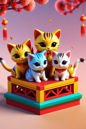 (3D isometric render of cute) ( Chinese kittens, lunar New year celebration, fireworks), (3D app icon, clean isometric design, beautiful design, soft gradient background, soft colors, centered, 3D blender render, masterpiece, best quality, high resolution, 8k octane render, beautiful color scheme, soft smooth lighting, physically based rendering, square image, aesthetics :1.4, intricate details:1.4, high polycount, natural beauty)