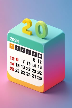 (2024 calendar), 3D isometric render of cute (2024 calendar), 3D app icon, clean isometric design, beautiful design, soft gradient background, soft colors, centered, 3D blender render, masterpiece, best quality, high resolution, 8k octane render, beautiful color scheme, soft smooth lighting, physically based rendering, square image, high polycount, natural beauty