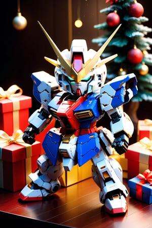 (A nostalgic and immersive scene of a well-lit room, with a wooden table taking center stage and xmas tree). (((RX 0 Unicorn Gundam 03 Phenex:1.4))),((bandai gunpla toy:1.4)),((Installed with the equipment:1.4)),( are cool posed on the table, radiating an aura of coolness and excitement). (Their plastic surfaces catch the warm light, casting a glow around the room). (In the foreground, several freshly opened Xmas gift boxes and their corresponding gift tags lie scattered on the table, hinting at recent gift-giving or a special occasion). (Miniature Gundam toys are seen peeking out from these gift boxes, adding a playful touch to the image). (The background is adorned with various posters and collectibles, showcasing the enduring popularity of the Gundam franchise). (The walls are profesional painted a deep color, complementing the overall theme of the room and creating a cozy atmosphere for the viewer). (The air of nostalgia is palpable as the viewer takes in the array of Gundam toys and their packaging, evoking fond memories of childhood or a desire to relive the experience).(bandai official:1.4), (((intricate details:1.4))), (((high Gundam details:1.4))), (soft focus, depth of field,8k photo, HDR, professional lighting, taken with Canon EOS R5,),chibi gundam