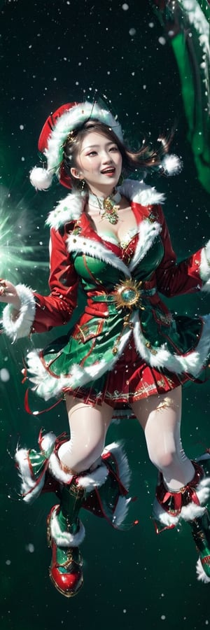 gorgeous korean woman with ((large breast)), red crop coat with white fur, green bow, red short skirt with white fur, solo, white stockings, a silver and Dark Gold tribal face tatoo, steampunk GOLD trims, futuristic space elements, looking up at sky with joy and laughter catching snowflakes,  ambient atmosperic steam, dynamic lighting, more detail XL, snow falling