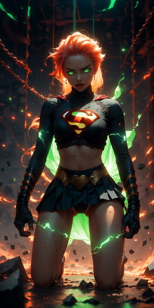 1 girl, an image of supergirl cosplay, full body shot, long flowing blonde hair,(blue ripped blouse wth superman symbol), (exposed black lace bra), (red pleated mini skirt), wet body, huge tits, blush, sweat, sexy, provocative pose, kneeling with legs open spread apart, wet juicy white panty showing, large deep cleavage, bounded by glowing green chains breaking free,  breaking Bondage, green aura, fyling debris, glowing green eyes, in a dark basement, cobblestones with an eerie cold atmosphere, Restraints, slaves, angry, steam from body heat, dynamic background, 4k resolution, masterpiece, Photorealistic, Hyper detailed, atmospheric, vibrant, dynamic studio lighting, atmospheric lighting, ambient light, ambient fog, eyes from below,  look at viewer, More Detail,r1ge