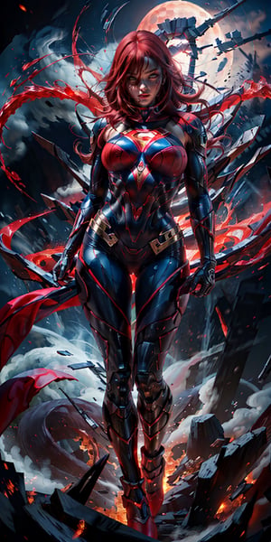 8k, Ultra detailed , solo female, full body, supergirl suit, long flowing crimson hair, huge breast, red eyes, glowing eyes, volcano eruption, blood moon, mecha, More Detail